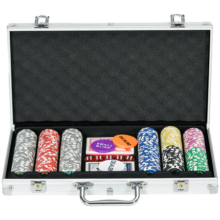 300PCS Poker Chip Set with Mat, 2 Decks, Dealer Button & 5 Dice - Silver Tone