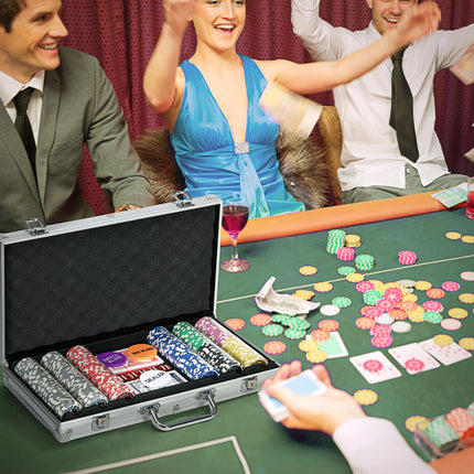 300PCS Poker Chip Set with Mat, 2 Decks, Dealer Button & 5 Dice - Silver Tone