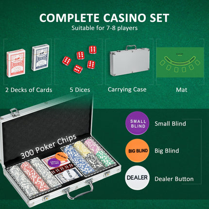 300PCS Poker Chip Set with Mat, 2 Decks, Dealer Button & 5 Dice - Silver Tone