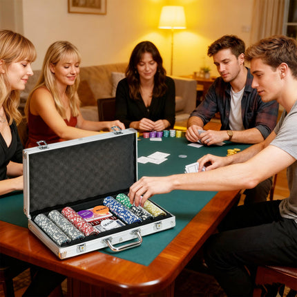300PCS Poker Chip Set with Mat, 2 Decks, Dealer Button & 5 Dice - Silver Tone