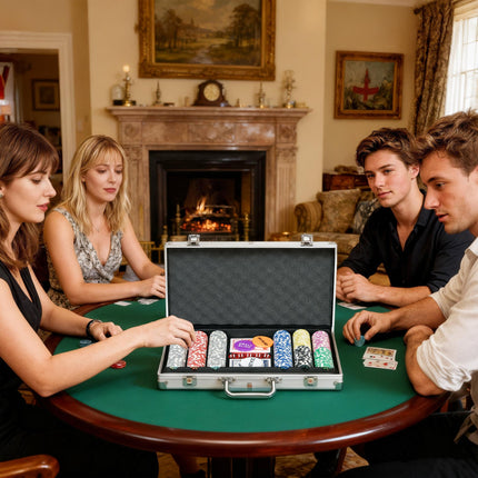300PCS Poker Chip Set with Mat, 2 Decks, Dealer Button & 5 Dice - Silver Tone