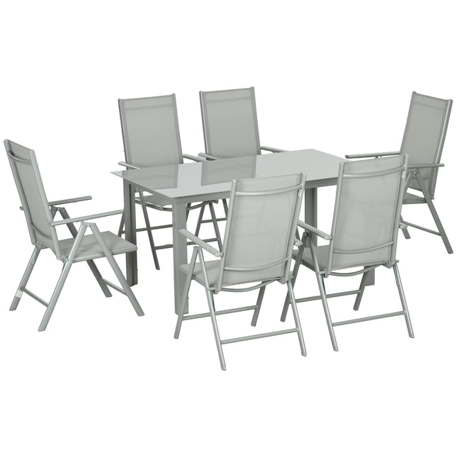 7 Piece Garden Dining Set with Reclining Chairs and Tempered Glass Table - Grey