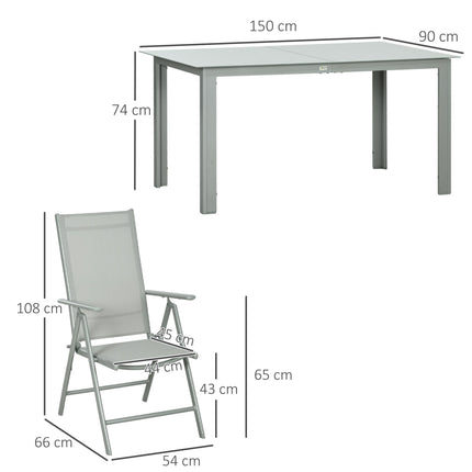 7 Piece Garden Dining Set with Reclining Chairs and Tempered Glass Table - Grey