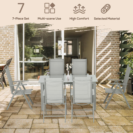7 Piece Garden Dining Set with Reclining Chairs and Tempered Glass Table - Grey