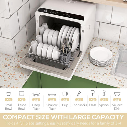 Mini Table Top Dishwasher with 4 Place Settings, 6 Programmes, Touch Control & LED Display - White