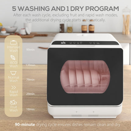 Mini Table Top Dishwasher with 4 Place Settings, 6 Programmes, Touch Control & LED Display - White