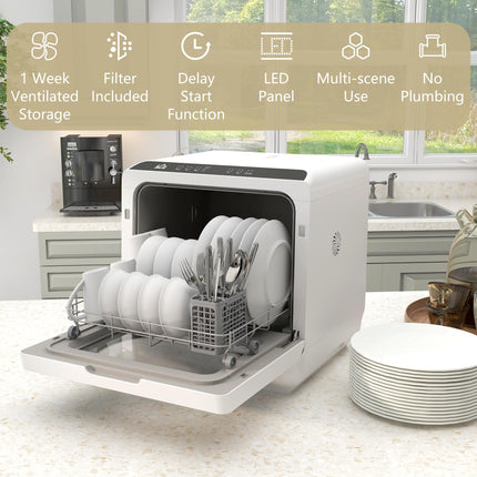 Mini Table Top Dishwasher with 4 Place Settings, 6 Programmes, Touch Control & LED Display - White