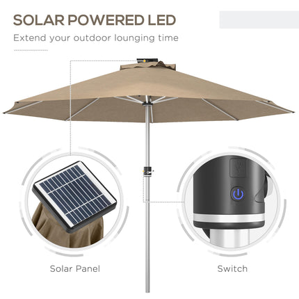 LED Patio Umbrella with Solar USB Charging and Adjustable LED Lights - Khaki