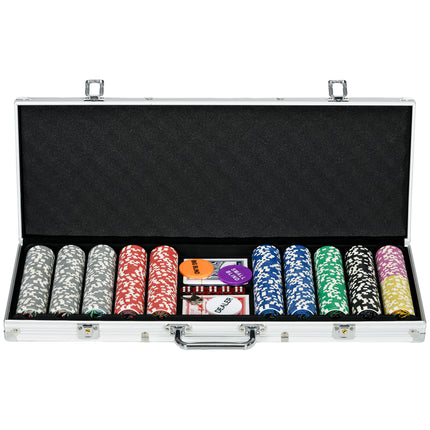 500PCS Poker Chip Set with Mat, 2 Card Decks, Dealer Button & 5 Dice - Silver Tone