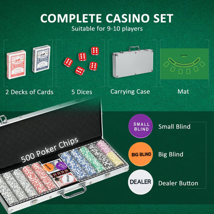 500PCS Poker Chip Set with Mat, 2 Card Decks, Dealer Button & 5 Dice - Silver Tone