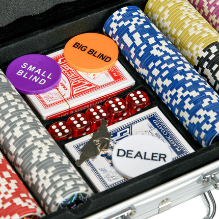 500PCS Poker Chip Set with Mat, 2 Card Decks, Dealer Button & 5 Dice - Silver Tone