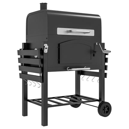 Charcoal Barbecue Grill Trolley with Smoker, Adjustable Height, Thermometer, Shelves, Opener & Wheels - Black