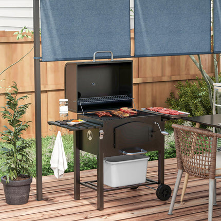 Charcoal Barbecue Grill Trolley with Smoker, Adjustable Height, Thermometer, Shelves, Opener & Wheels - Black