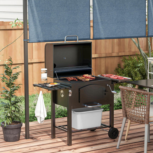 Charcoal Barbecue Grill Trolley with Smoker, Adjustable Height, Thermometer, Shelves, Opener & Wheels - Black