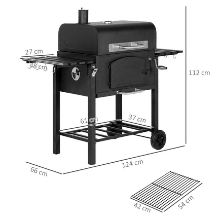 Charcoal Barbecue Grill Trolley with Smoker, Adjustable Height, Thermometer, Shelves, Opener & Wheels - Black