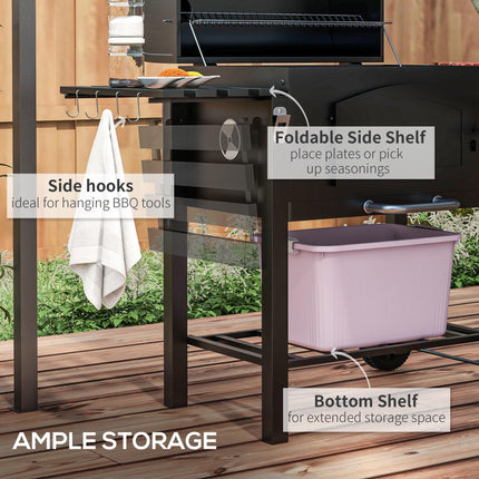 Charcoal Barbecue Grill Trolley with Smoker, Adjustable Height, Thermometer, Shelves, Opener & Wheels - Black