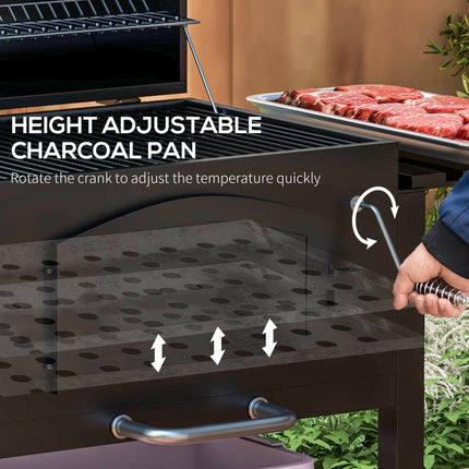 Charcoal Barbecue Grill Trolley with Smoker, Adjustable Height, Thermometer, Shelves, Opener & Wheels - Black