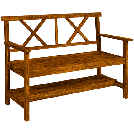 2 Seater Wooden Garden Bench with Storage Shelf - Carbonised Finish