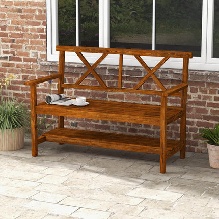 2 Seater Wooden Garden Bench with Storage Shelf - Carbonised Finish