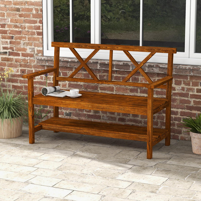 2 Seater Wooden Garden Bench with Storage Shelf - Carbonised Finish