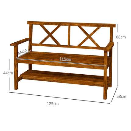 2 Seater Wooden Garden Bench with Storage Shelf - Carbonised Finish