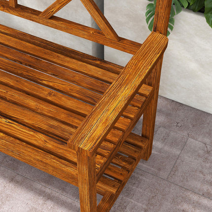 2 Seater Wooden Garden Bench with Storage Shelf - Carbonised Finish