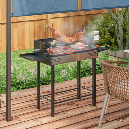 BBQ Rotisserie Charcoal Grill Roaster with 3-Level Grill Grate & Side Shelves - Black Silver