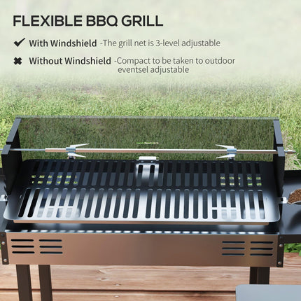 BBQ Rotisserie Charcoal Grill Roaster with 3-Level Grill Grate & Side Shelves - Black Silver