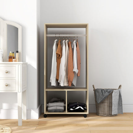 Open Wardrobe on Wheels, Bedroom Wardrobe with Clothes Hanging Rail, 2 Storage Shelves, Mobile Garment Rack for Cloakroom, Hallway, Natural