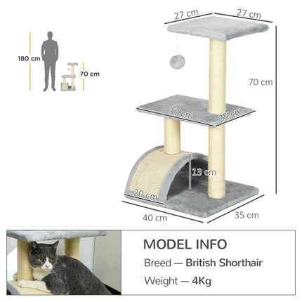 72cm Multi-level Cat Tree Tower with Sisal Scratching Post, Hanging Ball & Pad - Light Grey