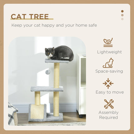 72cm Multi-level Cat Tree Tower with Sisal Scratching Post, Hanging Ball & Pad - Light Grey