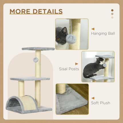72cm Multi-level Cat Tree Tower with Sisal Scratching Post, Hanging Ball & Pad - Light Grey