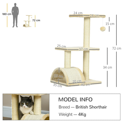 72cm Multi-Level Cat Tree with Scratching Post and Pad for Indoor Cats - Cream White