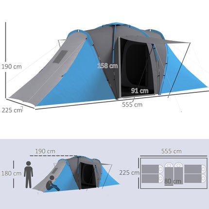 Large 4-6 Man Tunnel Camping Tent with 2 Bedrooms - Blue