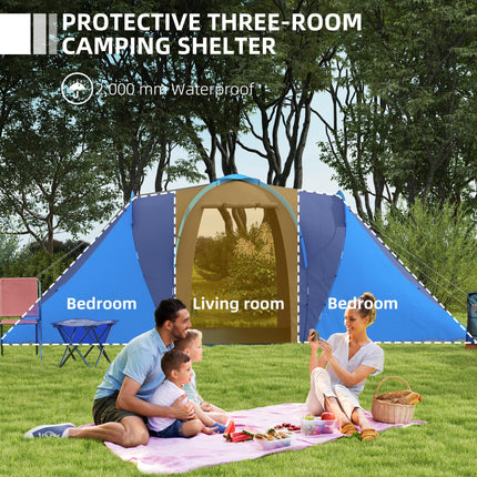 Large 4-6 Man Tunnel Camping Tent with 2 Bedrooms - Blue