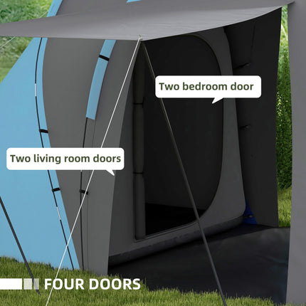 Large 4-6 Man Tunnel Camping Tent with 2 Bedrooms - Blue