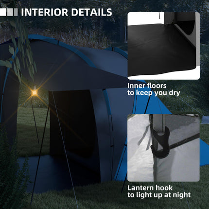 Large 4-6 Man Tunnel Camping Tent with 2 Bedrooms - Blue