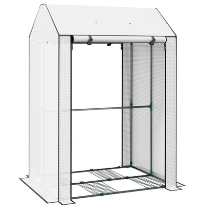 Mini Greenhouse with 4 Wire Shelves and Roll-Up Doors - White