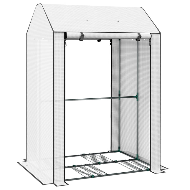 Mini Greenhouse with 4 Wire Shelves and Roll-Up Doors - White