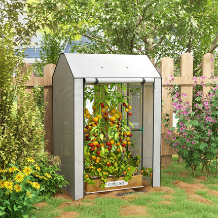 Mini Greenhouse with 4 Wire Shelves and Roll-Up Doors - White