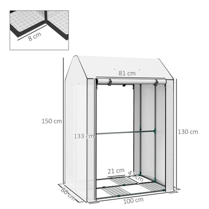 Mini Greenhouse with 4 Wire Shelves and Roll-Up Doors - White