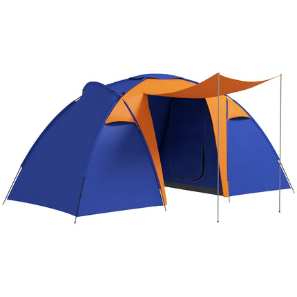 4 to 6 Man Waterproof Camping Tent with 2 Bedrooms and Porch - Orange and Blue