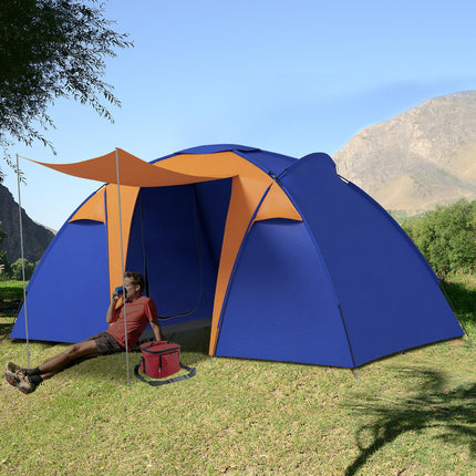 4 to 6 Man Waterproof Camping Tent with 2 Bedrooms and Porch - Orange and Blue
