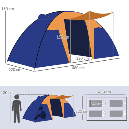 4 to 6 Man Waterproof Camping Tent with 2 Bedrooms and Porch - Orange and Blue