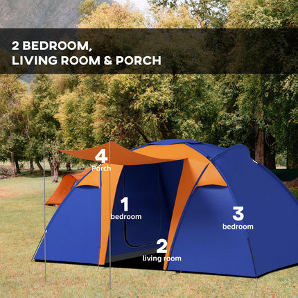 4 to 6 Man Waterproof Camping Tent with 2 Bedrooms and Porch - Orange and Blue
