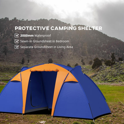 4 to 6 Man Waterproof Camping Tent with 2 Bedrooms and Porch - Orange and Blue