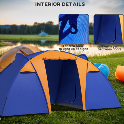 4 to 6 Man Waterproof Camping Tent with 2 Bedrooms and Porch - Orange and Blue