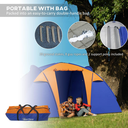 4 to 6 Man Waterproof Camping Tent with 2 Bedrooms and Porch - Orange and Blue