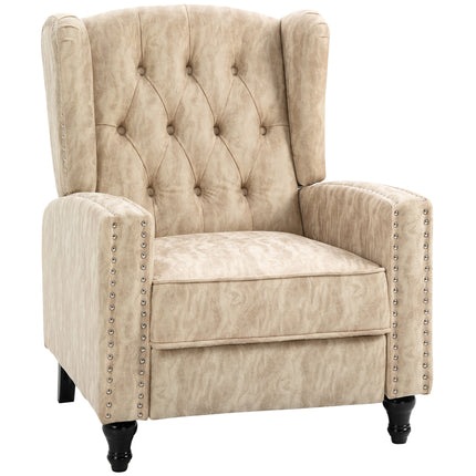 Studded Upholstered Reclining Armchair with Retractable Footrest - Beige