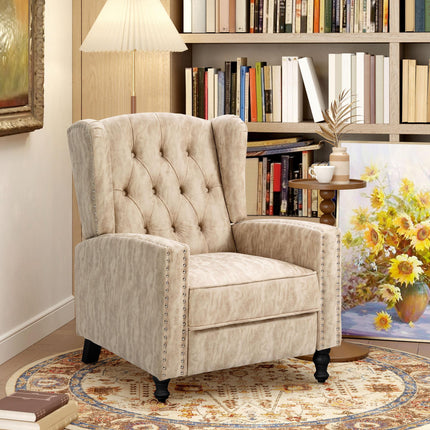 Studded Upholstered Reclining Armchair with Retractable Footrest - Beige